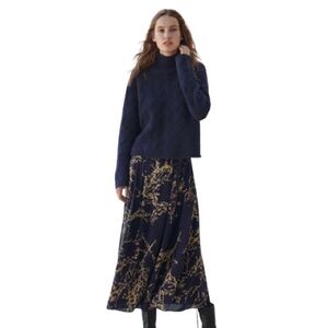 Poetry Women's 100% Lambswool Mock Turtleneck Cable Knit Sweater Size 12 Navy